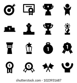 Solid vector icon set - target vector, certificate, cup, success, pedestal, winner, win, award, gold medal, flags cross