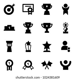 Solid vector icon set - target vector, certificate, cup, success, pedestal, win, gold, award, winner, medal, flags cross
