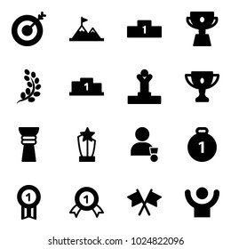 Solid vector icon set - target vector, attainment, pedestal, cup, golden branch, winner, gold, award, medal, flags cross, success