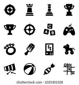 Solid vector icon set - target vector, chess tower, queen, win cup, gold, abc cube, joystick, beanbag, game console, wheel horse, xylophone, beach ball, dart, Tic tac toe
