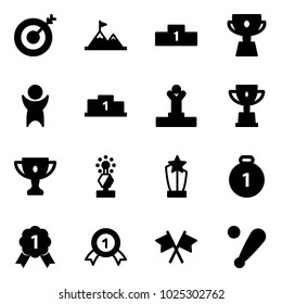 Solid vector icon set - target vector, attainment, pedestal, cup, success, winner, win, gold, award, medal, flags cross, baseball bat