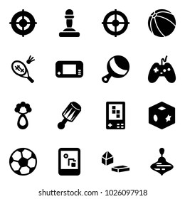 Solid vector icon set - target vector, pawn, ball, badminton, game console, beanbag, joystick, cube toy, soccer, constructor blocks, wirligig