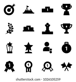 Solid vector icon set - target vector, attainment, pedestal, cup, golden branch, winner, gold, award, medal, flags cross