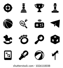 Solid vector icon set - target vector, chess queen, gold cup, pawn, ball, badminton, joystick wireless, paper plane, rocking horse, beanbag, cube toy, game console, beach, windmill