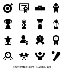 Solid vector icon set - target vector, certificate, pedestal, success, win cup, award, winner, gold medal, flags cross, baseball bat