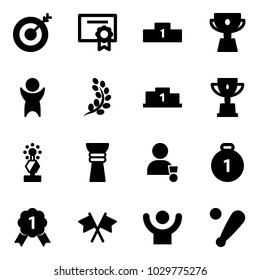 Solid vector icon set - target vector, certificate, pedestal, cup, success, golden branch, win, award, winner, gold medal, flags cross, baseball bat