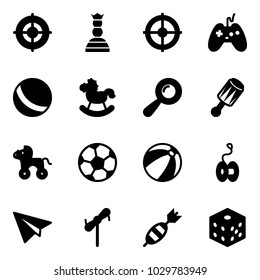 Solid vector icon set - target vector, chess queen, joystick, ball, rocking horse, beanbag, wheel, soccer, beach, yoyo, paper plane, toy windmill, dart, bones