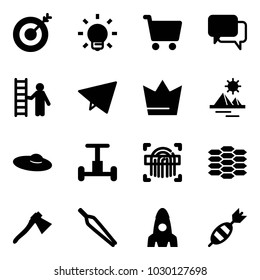 Solid vector icon set - target vector, bulb, cart, dialog, opportunity, paper fly, crown, pyramid, woman hat, gyroscope, fingerprint scanner, carbon, axe, forceps, rocket, dart