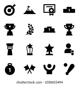 Solid vector icon set - target vector, attainment, certificate, pedestal, cup, golden branch, win, award, winner, gold medal, flags cross, success, baseball bat
