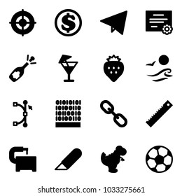 Solid vector icon set - target vector, dollar, paper fly, certificate, fizz opening, drink, strawberry, waves, bezier, binary code, link, ruler, machine tool, work knife, dinosaur toy, soccer ball
