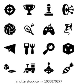 Solid vector icon set - target vector, gold cup, pawn, solution, volleyball, badminton, joystick, kite, paper plane, shovel fork toy, beanbag, cube, constructor blocks, train, wirligig, dart