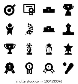 Solid vector icon set - target vector, certificate, pedestal, cup, success, golden branch, winner, gold, award, medal, baseball bat