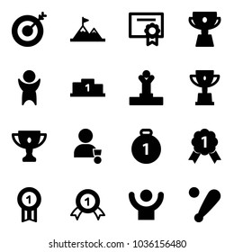 Solid vector icon set - target vector, attainment, certificate, cup, success, pedestal, winner, win, gold, medal, baseball bat