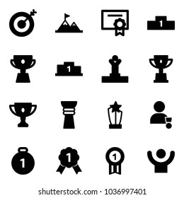 Solid vector icon set - target vector, attainment, certificate, pedestal, cup, winner, win, gold, award, medal, success