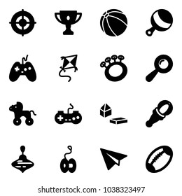 Solid vector icon set - target vector, gold cup, ball, beanbag, joystick, kite, wheel horse, gamepad, constructor blocks, wirligig toy, yoyo, paper plane, football