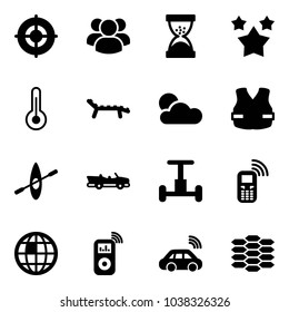 Solid vector icon set - target vector, group, sand clock, stars, thermometer, lounger, life vest, kayak, cabrio, gyroscope, mobile phone, globe, music player, car wireless, carbon