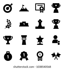 Solid vector icon set - target vector, attainment, certificate, cup, golden branch, pedestal, winner, win, gold, award, medal, flags cross