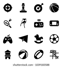 Solid vector icon set - target vector, pawn, ball, badminton, kite, joystick wireless, game console, paper plane, rocking horse, soccer, toy block house, beach, football, Tic tac toe