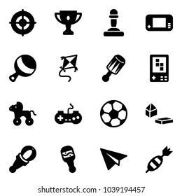 Solid vector icon set - target vector, gold cup, pawn, game console, beanbag, kite, wheel horse, gamepad, soccer ball, constructor blocks, paper plane, dart