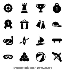 Solid vector icon set - target vector, chess tower, gold cup, medal, pennant, flippers, cap, diving, kayak, windsurfing, skateboard, protective glasses, billiards balls, beach ball, bow