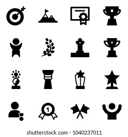 Solid vector icon set - target vector, attainment, certificate, cup, success, golden branch, winner, win, award, gold medal, flags cross