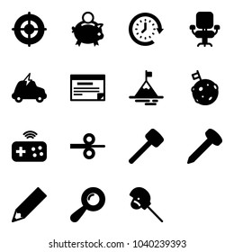 Solid vector icon set - target vector, piggy bank, clock around, office chair, electric car, schedule, mountain, moon flag, joystick wireless, steel rolling, rubber hammer, nail, pencil, beanbag
