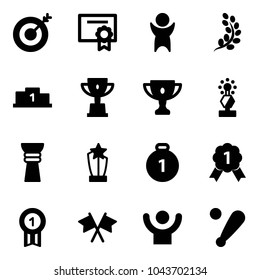 Solid vector icon set - target vector, certificate, success, golden branch, pedestal, win cup, gold, award, medal, flags cross, baseball bat