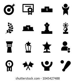Solid vector icon set - target vector, certificate, pedestal, success, golden branch, winner, award, gold medal, flags cross, baseball bat