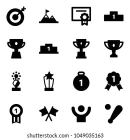 Solid vector icon set - target vector, attainment, certificate, pedestal, cup, win, gold, award, medal, flags cross, success, baseball bat