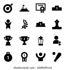 Solid vector icon set - target vector, attainment, certificate, pedestal, success, golden branch, winner, win cup, gold, award, medal, baseball bat