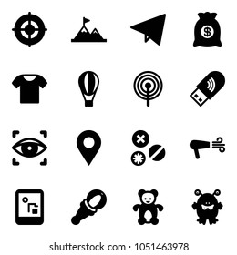 Solid vector icon set - target vector, attainment, paper fly, money bag, t shirt, air balloon, antenna, usb wi fi, eye scanner, navigation pin, rivet, dryer, game console, beanbag, bear toy, monster