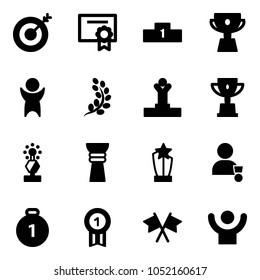 Solid vector icon set - target vector, certificate, pedestal, cup, success, golden branch, winner, win, award, gold medal, flags cross