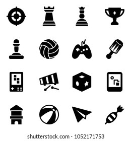 Solid vector icon set - target vector, chess tower, queen, gold cup, pawn, volleyball, joystick, beanbag, game console, xylophone, cube toy, block house, beach ball, paper plane, dart