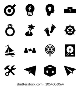 Solid vector icon set - target vector, idea, head bulb, pedestal, diamond ring, palm, feet, hand wheel, sail boat, information exchange, antenna, hdd, wrench hammer, paper plane, cube toy
