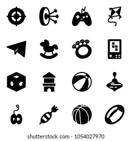 Solid vector icon set - target vector, solution, joystick, kite, paper plane, rocking horse, beanbag, game console, cube toy, block house, beach ball, wirligig, yoyo, dart, basketball, football