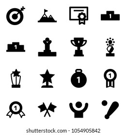 Solid vector icon set - target vector, attainment, certificate, pedestal, winner, win cup, award, gold medal, flags cross, success, baseball bat