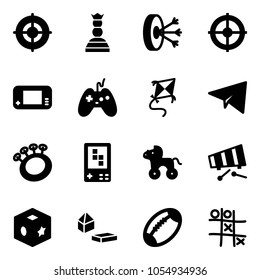 Solid vector icon set - target vector, chess queen, solution, game console, joystick, kite, paper plane, beanbag, wheel horse, xylophone, cube toy, constructor blocks, football, Tic tac toe