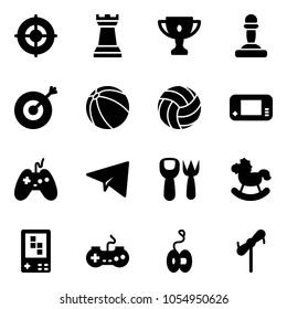 Solid vector icon set - target vector, chess tower, gold cup, pawn, ball, volleyball, game console, joystick, paper plane, shovel fork toy, rocking horse, gamepad, yoyo, windmill