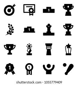 Solid vector icon set - target vector, certificate, pedestal, cup, golden branch, winner, win, gold, award, medal, success, baseball bat