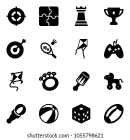 Solid vector icon set - target vector, puzzle, chess tower, gold cup, badminton, kite, joystick, beanbag, wheel horse, beach ball, bones, football