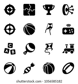 Solid vector icon set - target vector, puzzle, gold cup, solution, ball, kite, joystick wireless, abc cube, beanbag, toy train, beach, dart, basketball, football