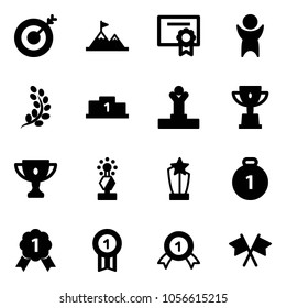 Solid vector icon set - target vector, attainment, certificate, success, golden branch, pedestal, winner, win cup, gold, award, medal, flags cross