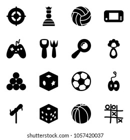 Solid vector icon set - target vector, chess queen, volleyball, game console, joystick, shovel fork toy, beanbag, billiards balls, cube, soccer ball, yoyo, windmill, bones, basketball, Tic tac toe