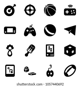 Solid vector icon set - target vector, ball, joystick wireless, game console, paper plane, beanbag, cube toy, constructor blocks, yoyo, football