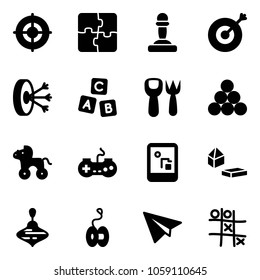 Solid vector icon set - target vector, puzzle, pawn, solution, abc cube, shovel fork toy, billiards balls, wheel horse, gamepad, game console, constructor blocks, wirligig, yoyo, paper plane