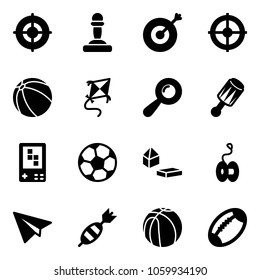 Solid vector icon set - target vector, pawn, ball, kite, beanbag, game console, soccer, constructor blocks, yoyo, paper plane, dart, basketball, football