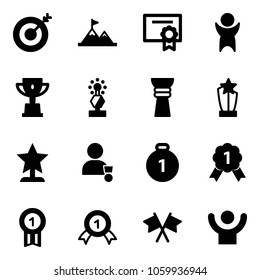 Solid vector icon set - target vector, attainment, certificate, success, win cup, award, winner, gold medal, flags cross