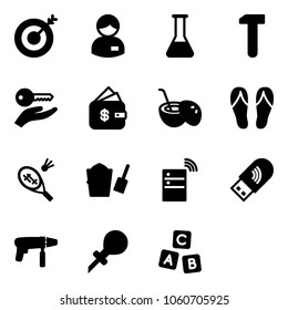 Solid vector icon set - target vector, manager, flask, work, key hand, finance management, coconut cocktail, flip flops, badminton, bucket scoop, server wireless, usb wi fi, drill machine, oiler