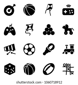 Solid vector icon set - target vector, ball, kite, joystick wireless, billiards balls, wheel horse, xylophone, soccer, beanbag, toy train, bones, basketball, football, Tic tac toe