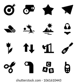 Solid vector icon set - target vector, wallet time, star medal, paper fly, mat, palm, pyramid, swimsuit, tulip, up down arrows, oil derrick, chisel, scissors, allen key, abc cube, phone toy